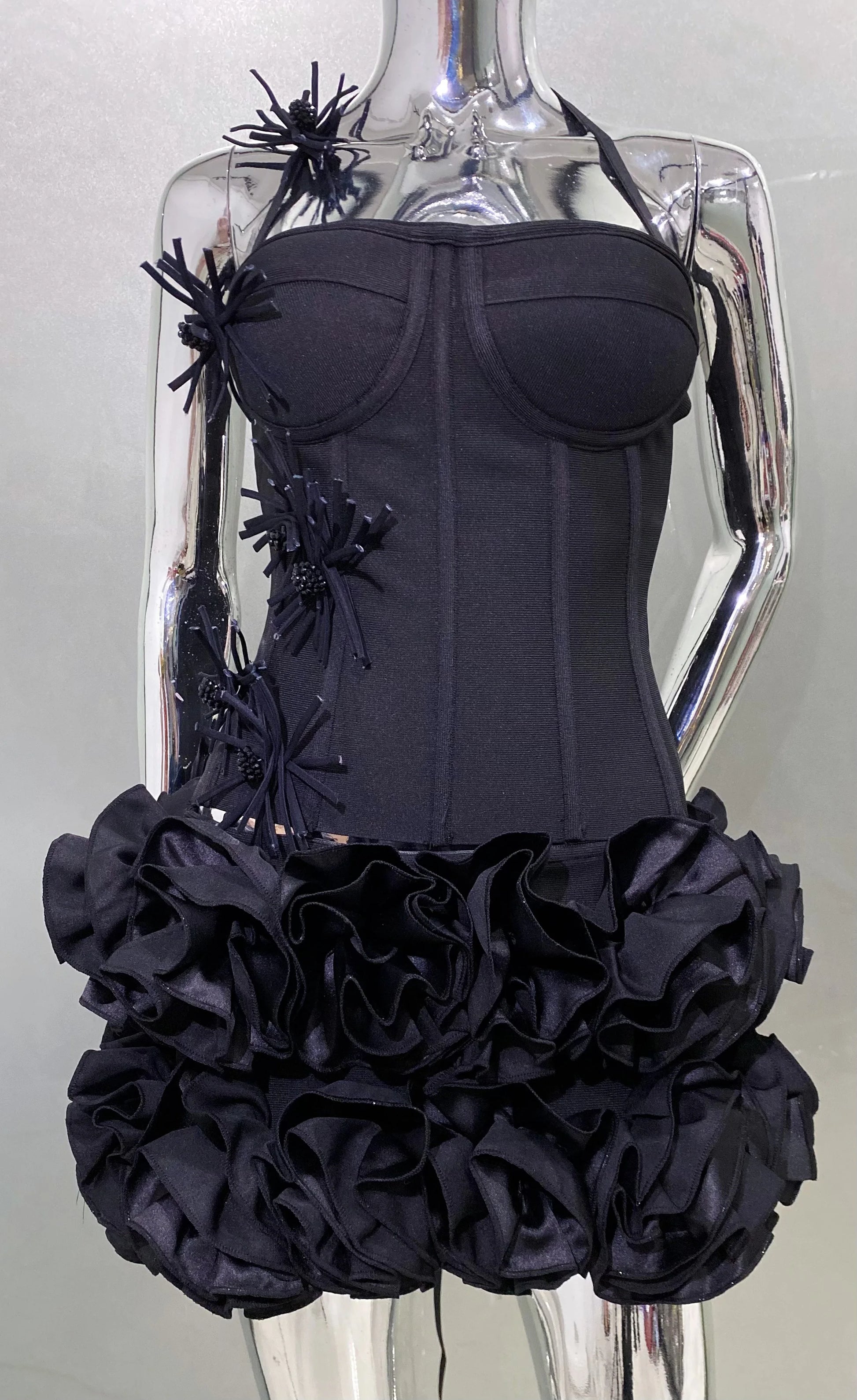 Black Red Women Sexy Strapless Laced-up Tops 2 Pieces Florals Bodycon Mini Bandage Dress Celebrate Nightclub Party Stage Wear