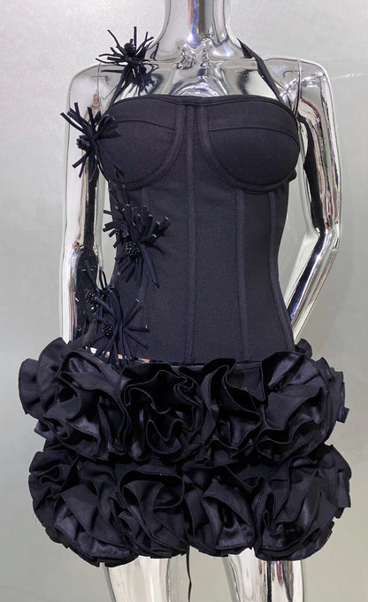 Black Red Women Sexy Strapless Laced-up Tops 2 Pieces Florals Bodycon Mini Bandage Dress Celebrate Nightclub Party Stage Wear