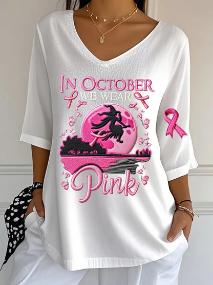 Women's Halloween Graphic Print T-Shirt Pink Ribbon Witch Halloween Costume T-Shirt Gifts Women Fashion Gothic Aesthetic Clothes