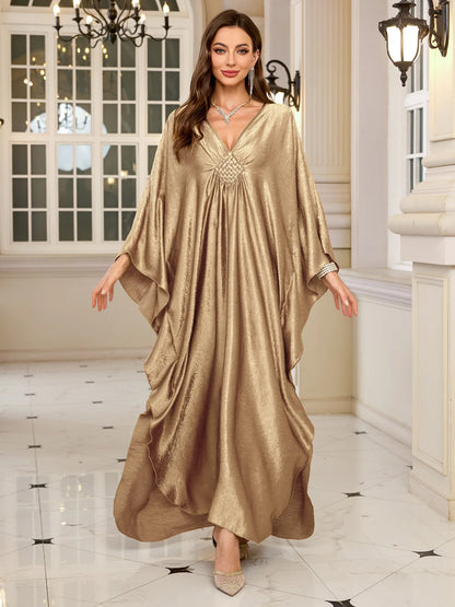 Plus Size Kaftan Dresses for Women Sparkly Glitter Batwing Sleeve Kaftan Cover Up Beach Maxi Dress Loungewear DN0016-1 Champagne One Size