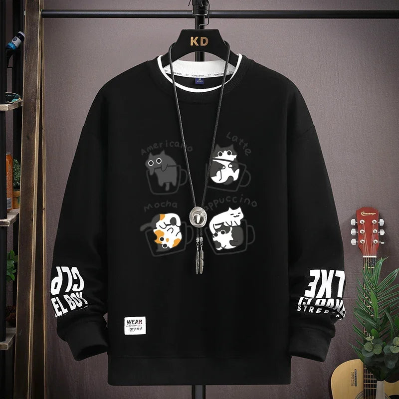 Spring Men's Sweatshirt Japan Cartoon Cats Printed Long Sleeve T-shirt Fashion Men's Clothing Khaki O Neck Harajuku Top 2024 New ND369-Black