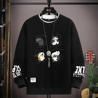 Spring Men's Sweatshirt Japan Cartoon Cats Printed Long Sleeve T-shirt Fashion Men's Clothing Khaki O Neck Harajuku Top 2024 New ND369-Black