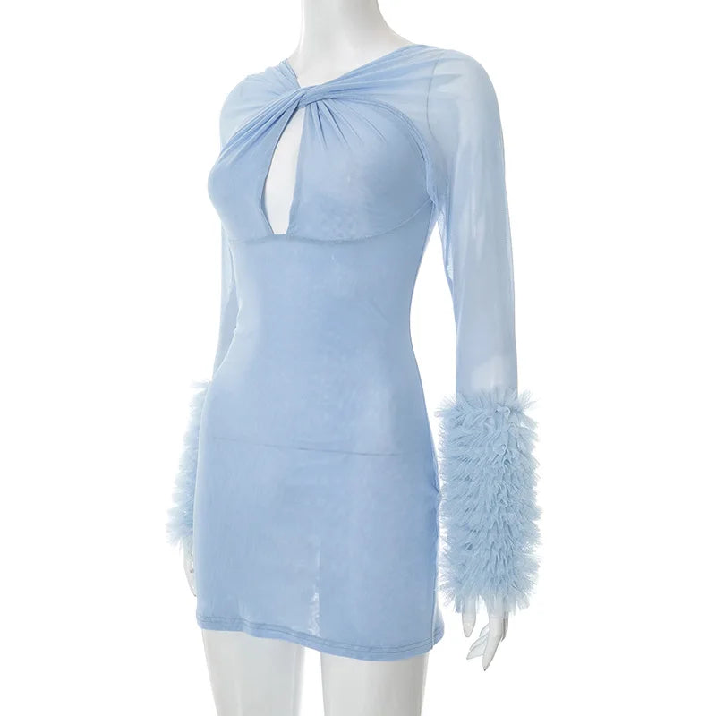 2025 Autumn Furry Patchwork Dress Women See Through Full Sleeve Sexy Hollow Cross Elegant Luxury Banquet Birthday Party Clubwear Badiee Stylez