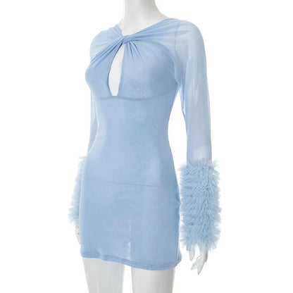 2025 Autumn Furry Patchwork Dress Women See Through Full Sleeve Sexy Hollow Cross Elegant Luxury Banquet Birthday Party Clubwear Badiee Stylez
