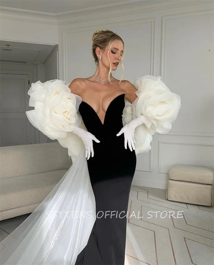 Black Evening Dresses for Women Customized Luxury White 3D Flower Jacket Formal Occasion Dress Floor Israel Long Prom Gowns Badiee Stylez