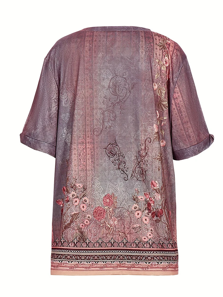 Plus Size 2024 Summer New Women's Printed Pattern Round Neck T-Shirt Short Sleeve Pullover Best for Summer