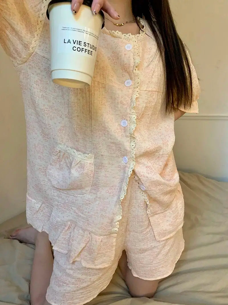 Ruffles Women Pajamas Sets for Home Summer Floral Sleepwear Shorts Sleeve Lace 2 Pieces Button Night Wears Korean Home Suit 2024