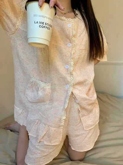 Ruffles Women Pajamas Sets for Home Summer Floral Sleepwear Shorts Sleeve Lace 2 Pieces Button Night Wears Korean Home Suit 2024