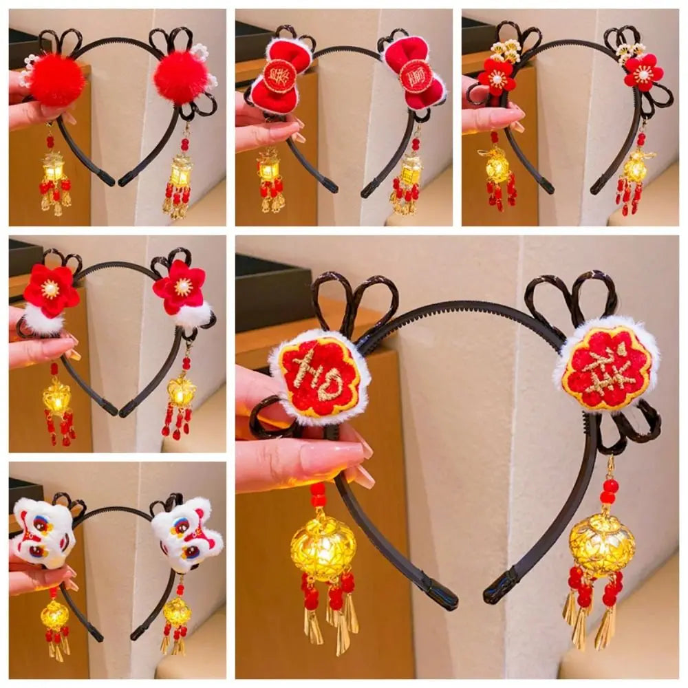 Glowing Hanfu Wig Headband Flower Tassel Chinese Style Luminous Lantern Headband Cute Red New Year Headdress New Year Dress Up