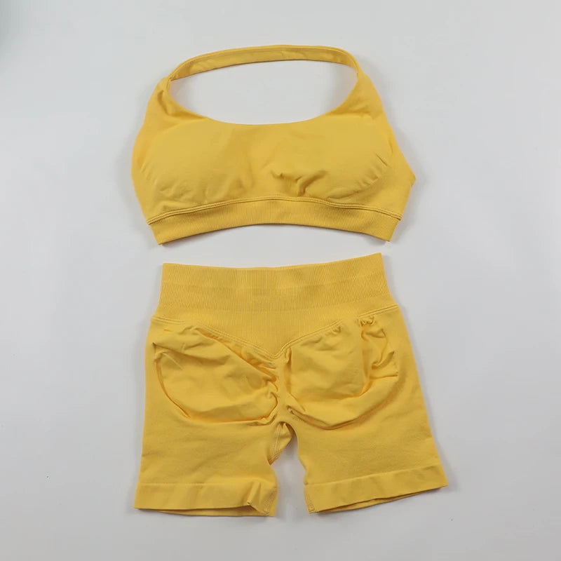 Fitness Shorts Sets Seamless Yoga Set Women 2Pcs Halter Sports Bra Scrunch Butt Gym Shorts Set Workout Clothes Summer Sportswear Badiee Stylez