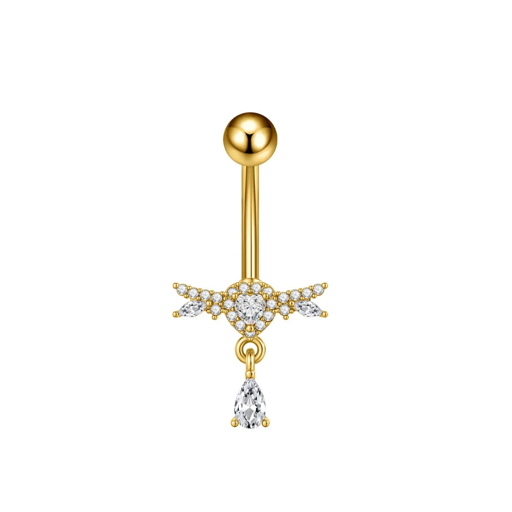 Zircon Crystal Belly Button Ring Dangle Wing Piercing Nombril Ombligo Surgical Steel Barbell Heart Round Navel Stud Body Jewelry 3210-GD