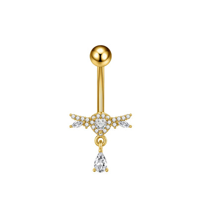 Zircon Crystal Belly Button Ring Dangle Wing Piercing Nombril Ombligo Surgical Steel Barbell Heart Round Navel Stud Body Jewelry 3210-GD