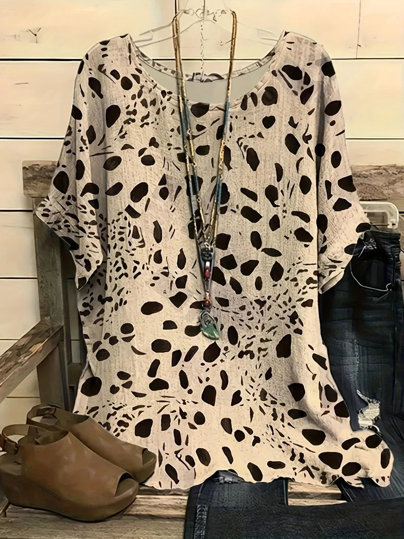 Plus Size 1XL-5XL All Over Print T-Shirt, Casual Crew Neck Short Sleeve T-Shirt Women's Plus Size Clothing Brown