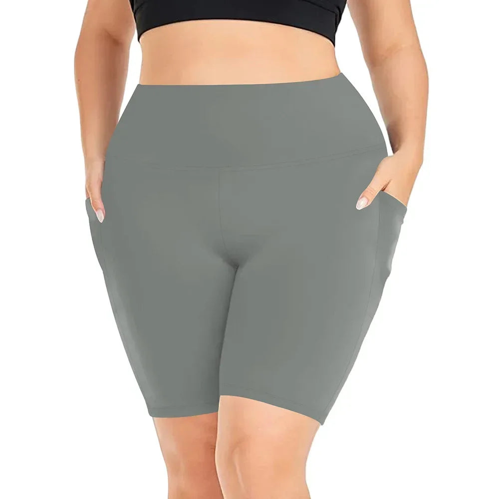 Women's High-Waisted Yoga Shorts Plus Size Workout Leggings with Dual Pockets Stretch European Style Activewear for Gym & Casual