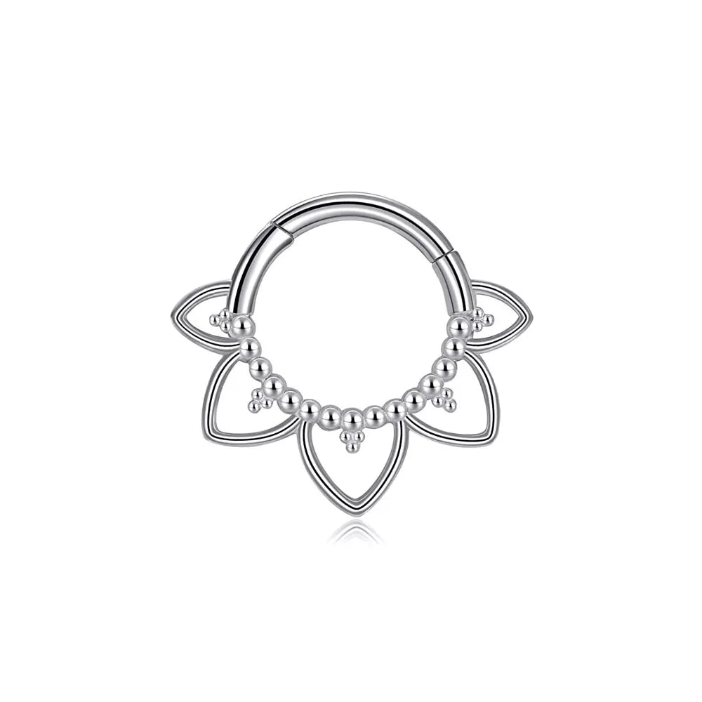 Flower CZ Zircon Septum Piercing Heart Gem Segment Nose Ring WaterDrop Daith Conch Clicker Hoop Earring 100% 316L Surgical Steel L-Silver