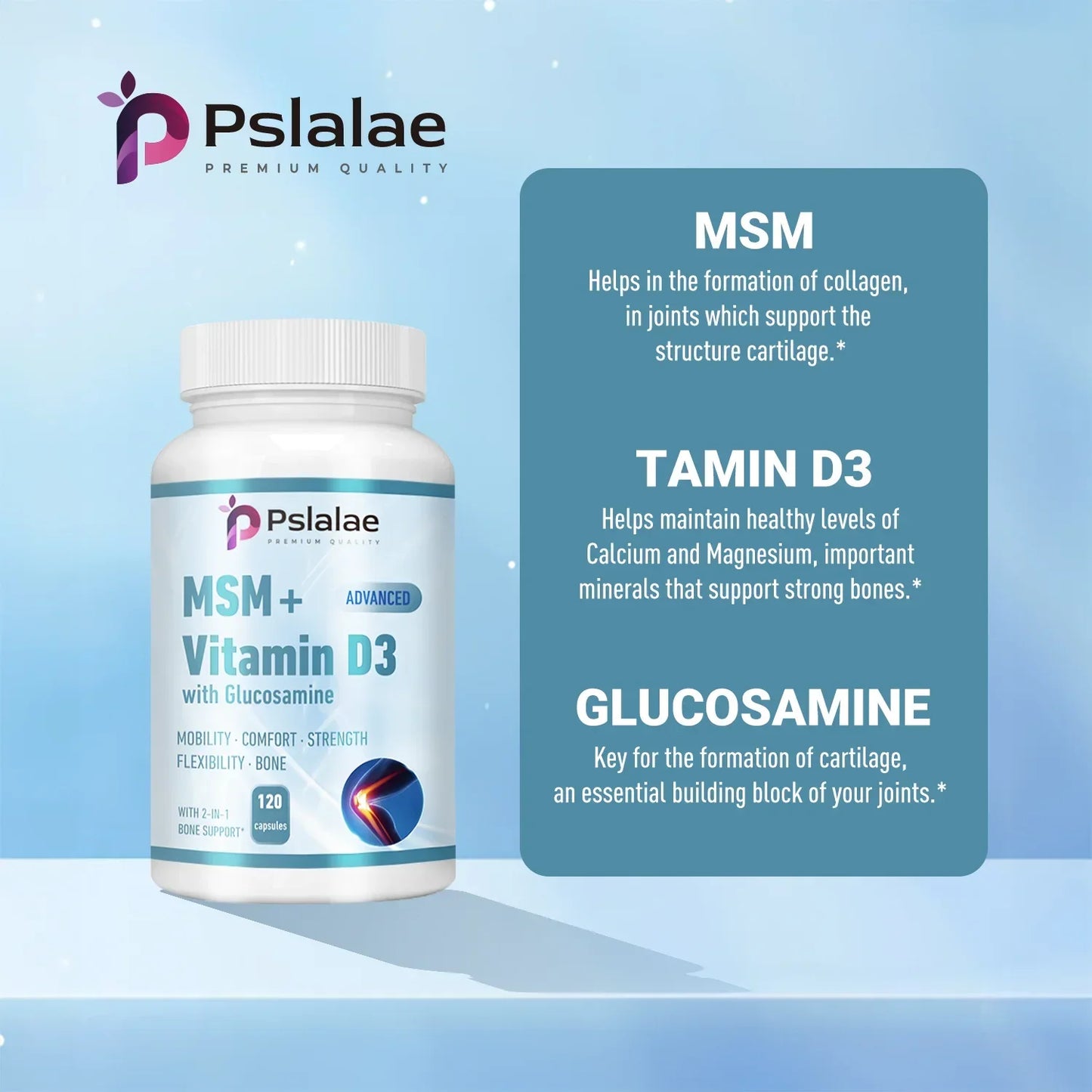 MSM + Vitamin D3 with Glucosamine - Joint Care, Supports Comfort and Flexibility, Strengthens Bones, Non-GMO