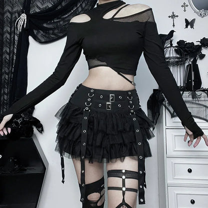 Y2K Street Dark Devil Cloth Strip Pleated Skirt Metallic Buckling Lace Layer Cake Short Skirt Women‘s High-end Design Sex Skirt
