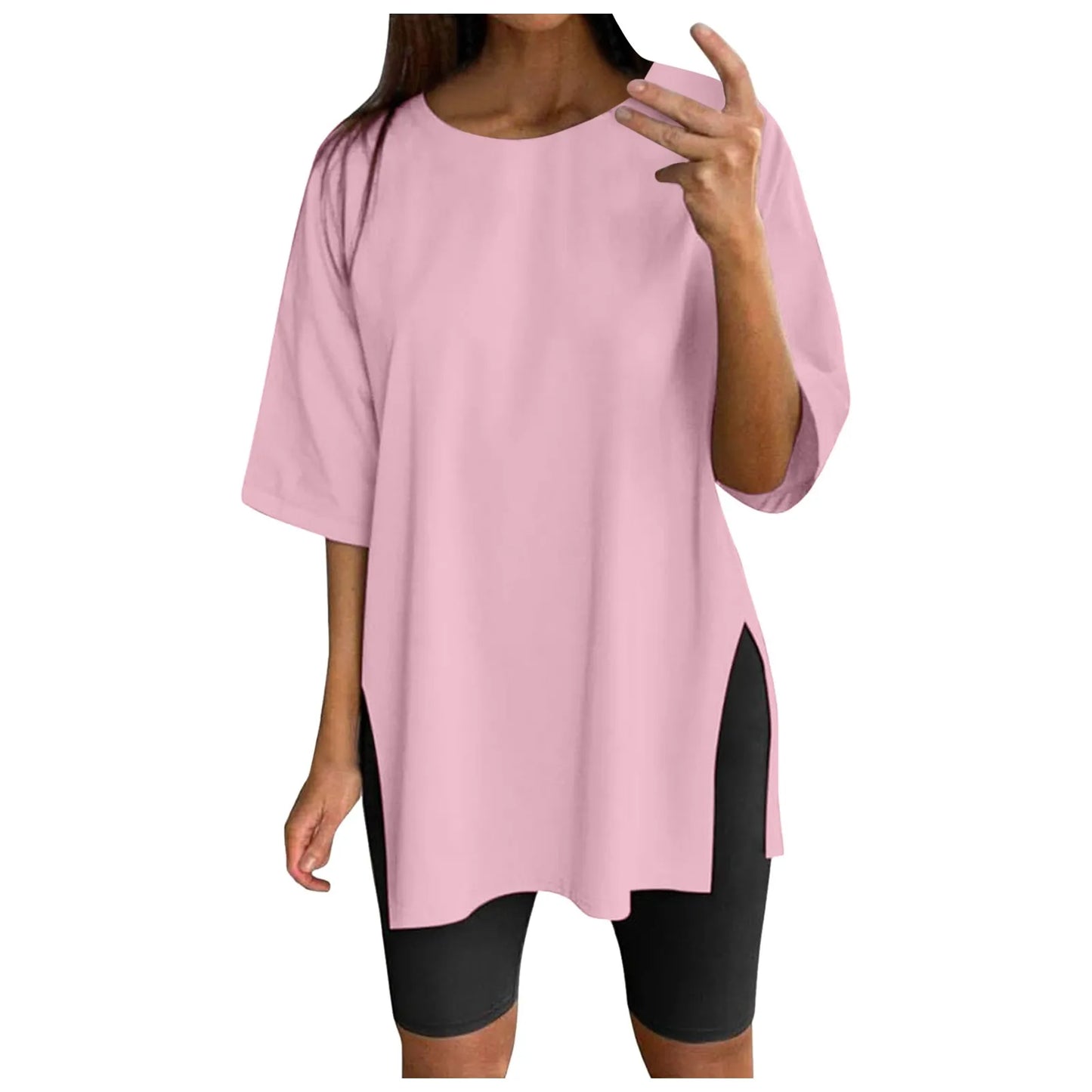 Extra Long Tops Women Oversize Sports Short Sleeve Blouses Summer Loose Tops Crew Neck Solid Large Size Side Split Pullover