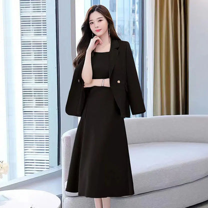 2Pcs/Set Summer Women Suit Dress Outfit Solid Color Mid-length Lady Dress Sets Light Luxury Commute Sling Dress Coat Set