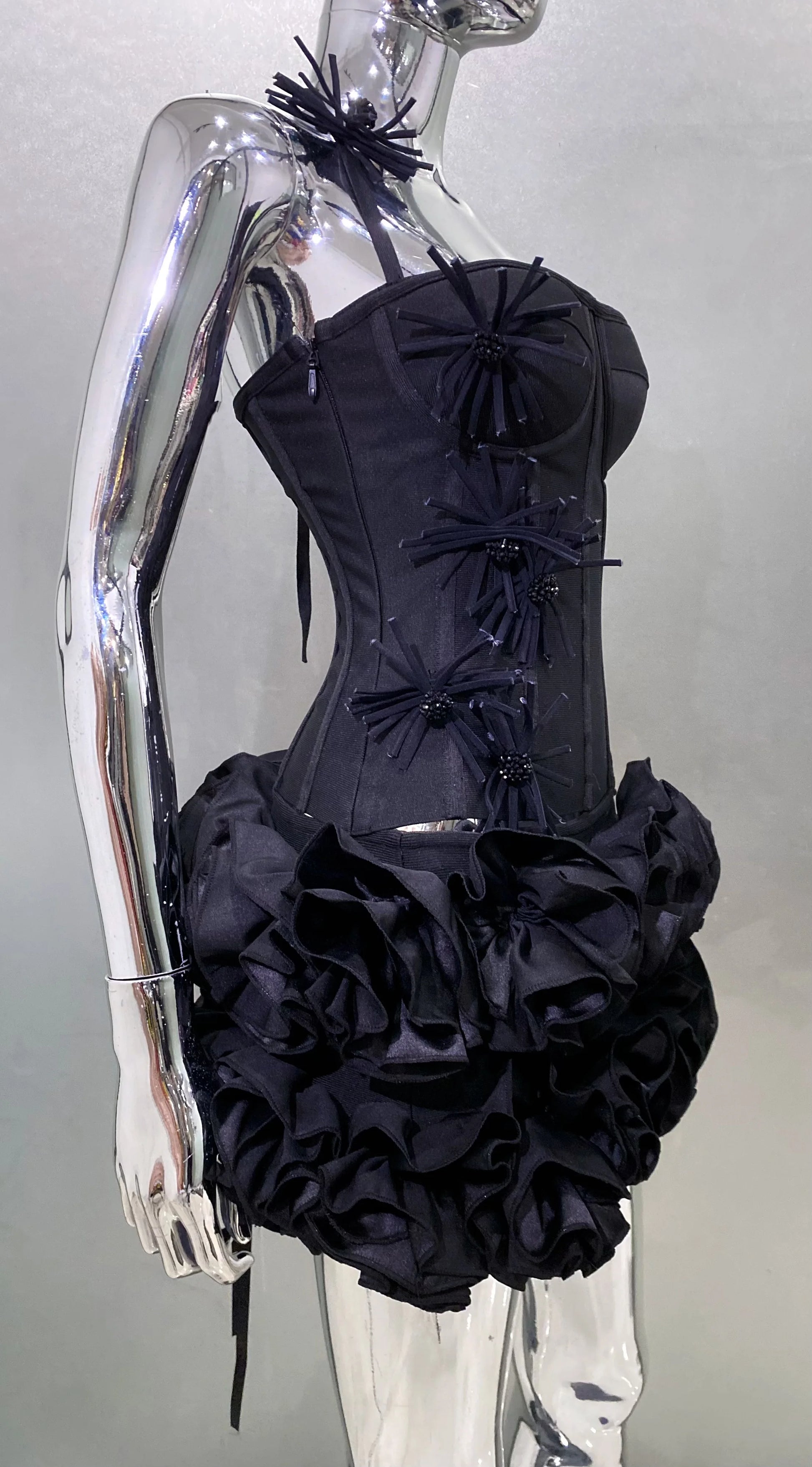 Black Red Women Sexy Strapless Laced-up Tops 2 Pieces Florals Bodycon Mini Bandage Dress Celebrate Nightclub Party Stage Wear