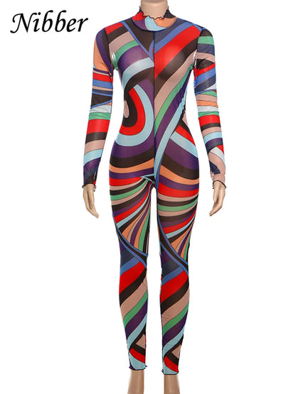 Nibber Sexy Colorful Print Jumpsuit Women Zip Y2K Full Sleeve O-Neck Turtleneck Autumn Trend Skinny Stretch Workout Overalls Badiee Stylez