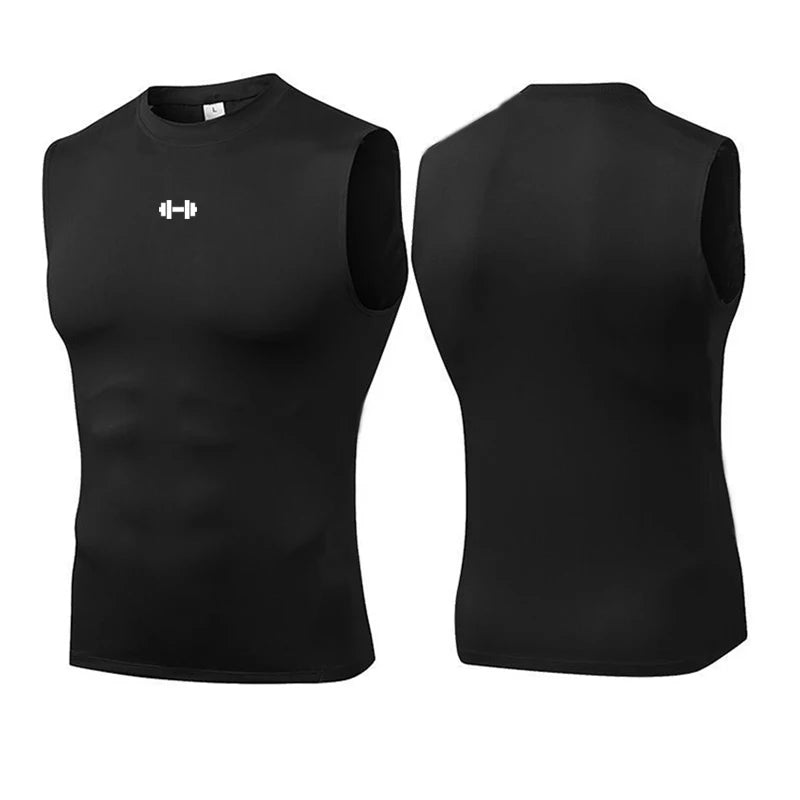 Men's Running Compression Vest Gym Clothing Sports Fitness Tank Tops Quick Dry Workout Sportswear O Neck Tight Sleeveless Shirt Black