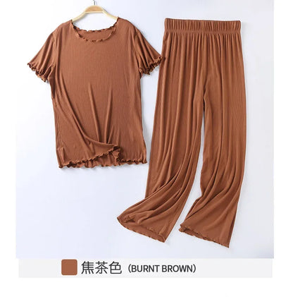 Japanese summer new ladies cotton modal short-sleeved nine-point pants suit home service suit women's large size home pajamas caramel colour