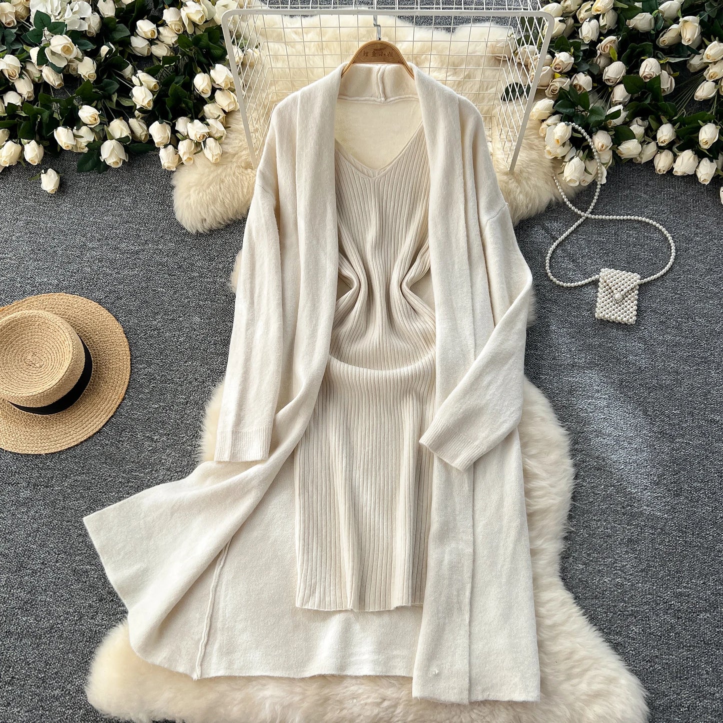 SINGREINY Autumn Knitted Two Pieces Sets Ladies Loose Knitting Cardigan+Spaghetti Strap Bodycon Dress Basic Solid Winter Suits Badiee Stylez