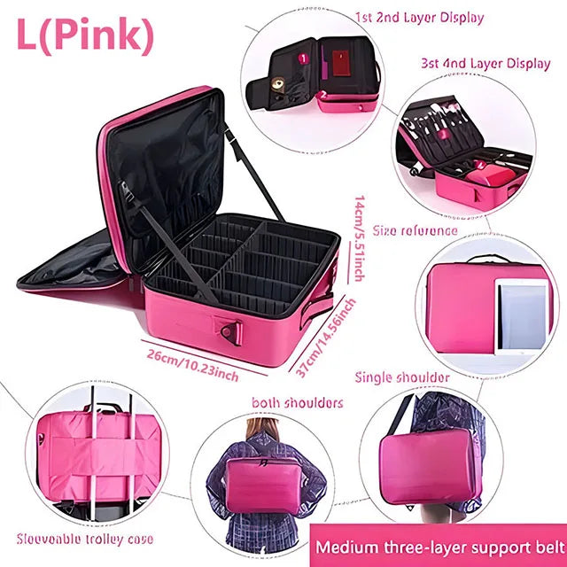 Professional Makeup Case Female Travel Big Capacity Beauty Nail ToolBox Cosmetic Organizer Suitcases For Makeup Storage Boxs L(Rose Red)