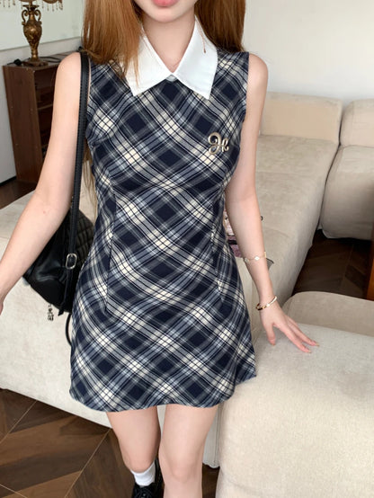 Onalippa Vintage Plaid Mini Dress Women Waist Belt Polo Collar Sleeveless A Line Dresses High Street Contrast Vestidos