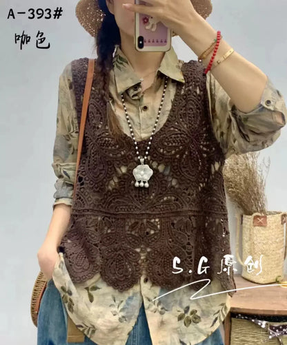 Thin T shirt Women Clothing Casual Vintage Streetwear Tops Coat Summer Spring Autumn Sleeveless Harajuku Clothes Women Vest A-Dark Brown One Size