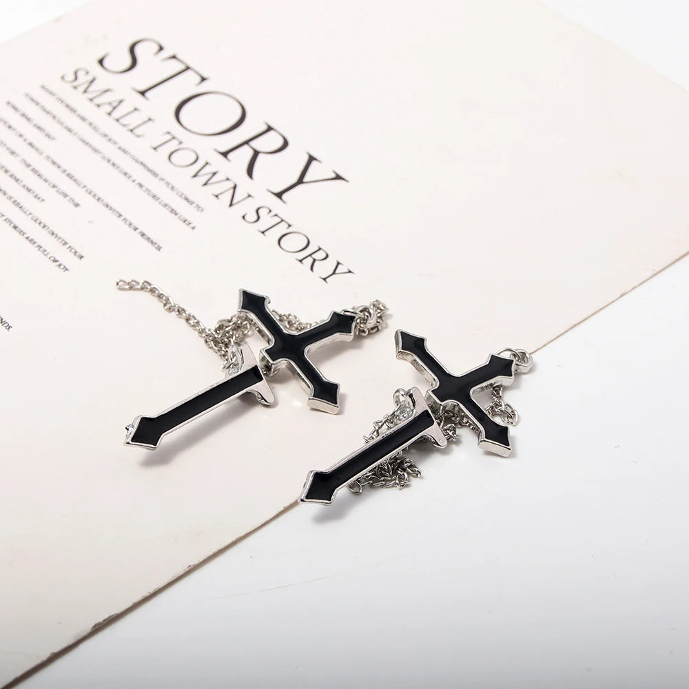 2Pcs Vintage Black Cross Earrings Punk Goth Long Chain Harajuku Streetwear Unisex Stud Earrings For Women Men Korean Jewelry Badiee Stylez