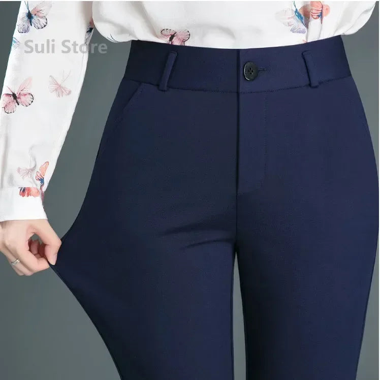 Spring Autumn Casual Button Elastic Mid Waist Black&Navy Blue Straight Trousers Office Lady Quick Drying Suit Pants Female Badiee Stylez