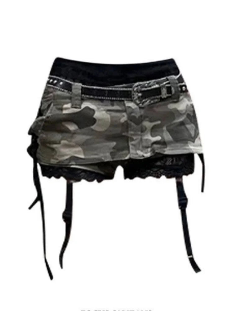 Euphoria American Y2k Mini Skirt With Lace Women Gothic Punk Camouflage Denim Skirt Streetwear Summer Harajuku Retro Spicy Y2k Camouflage