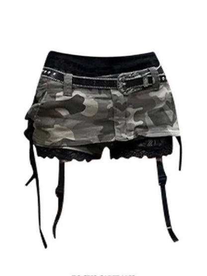 Euphoria American Y2k Mini Skirt With Lace Women Gothic Punk Camouflage Denim Skirt Streetwear Summer Harajuku Retro Spicy Y2k Camouflage