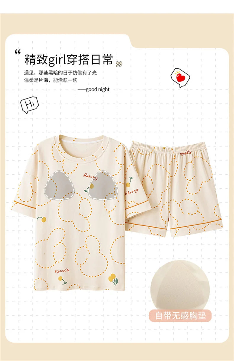 Summer 100% Cotton Women's Pajamas With Padded Bra Sweet Princess Cartoon Comfortable Short Sleeve Shorts Pajama Sets