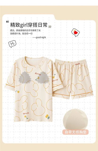 Summer 100% Cotton Women's Pajamas With Padded Bra Sweet Princess Cartoon Comfortable Short Sleeve Shorts Pajama Sets