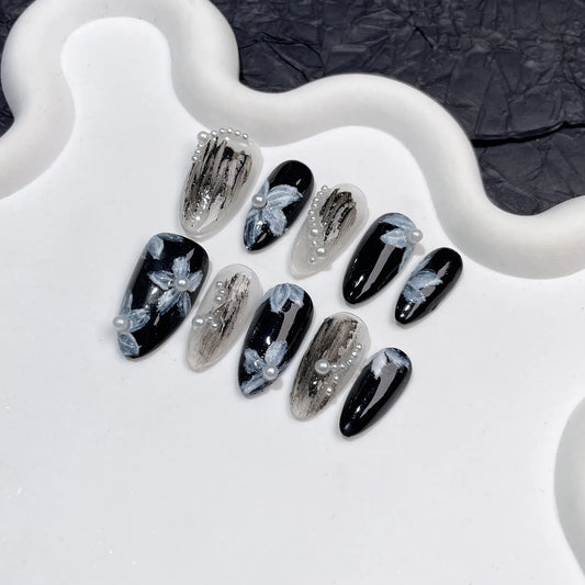 Handmade Press on Nails White Pearl Design Fake Nails with Flower Decor Wearable Detchable Fake Nails for Women DIY Manicure