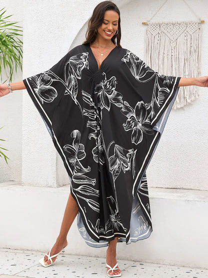 Plus Size Women Floral Print Kaftan Dresses Plus Size Swimsuit Coverup Summer Bathing Suit Caftan Loungewear Beach Dress 5DB245-1 One Size