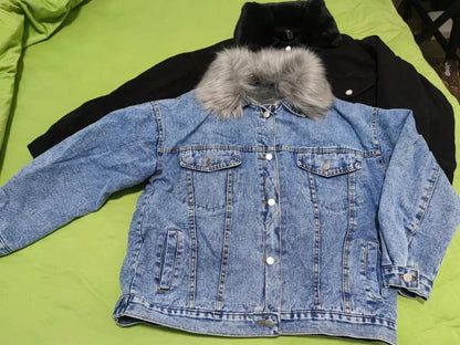 Winter Women Warm Basic Coat Big Fur Collar Denim Jacket Female Cold Motorcycle Jackets Outerwear Fleece Thick Casual Overcoat