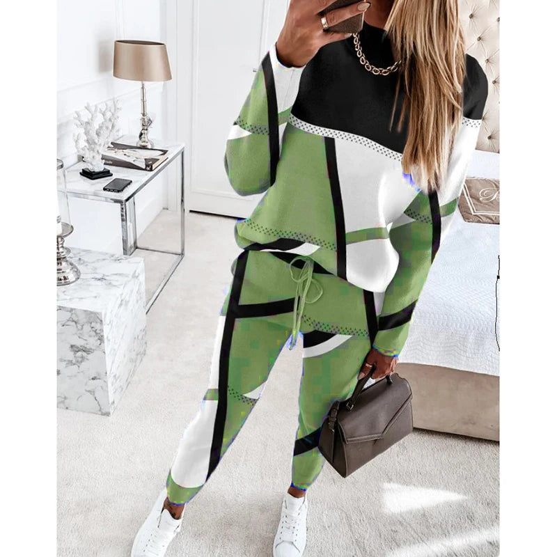 Women Casual Two Piece Sets Fashion Geometric Print O-Neck Long Sleeve Tops and Drawstring Pencil Pants Sets Office Lady Outfits Badiee Stylez