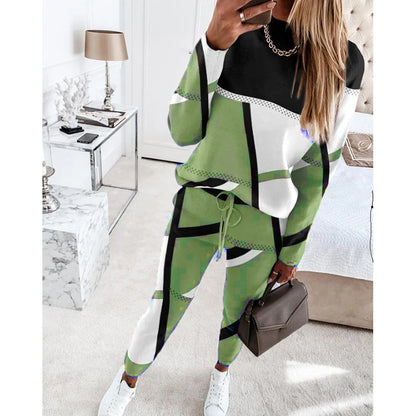 Women Casual Two Piece Sets Fashion Geometric Print O-Neck Long Sleeve Tops and Drawstring Pencil Pants Sets Office Lady Outfits Badiee Stylez