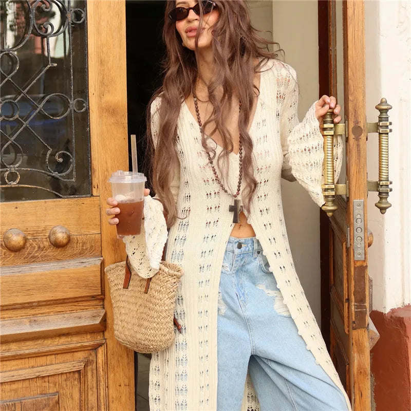 hirigin Button Front Long Sleeve Sheer Open-knit Long Cover-up Jacket Women Autumn Beach Vacation Outfit Maxi Cardigan