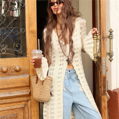 hirigin Button Front Long Sleeve Sheer Open-knit Long Cover-up Jacket Women Autumn Beach Vacation Outfit Maxi Cardigan