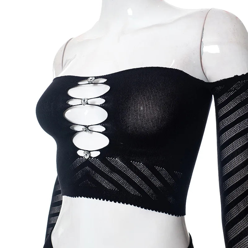 Simenual Baddie Fashion Mesh Tansparent Two Piece Sets Hotsweet Sexy Hollow Out Crop Tops Skinny Pants High Elastic Co Ord Suits