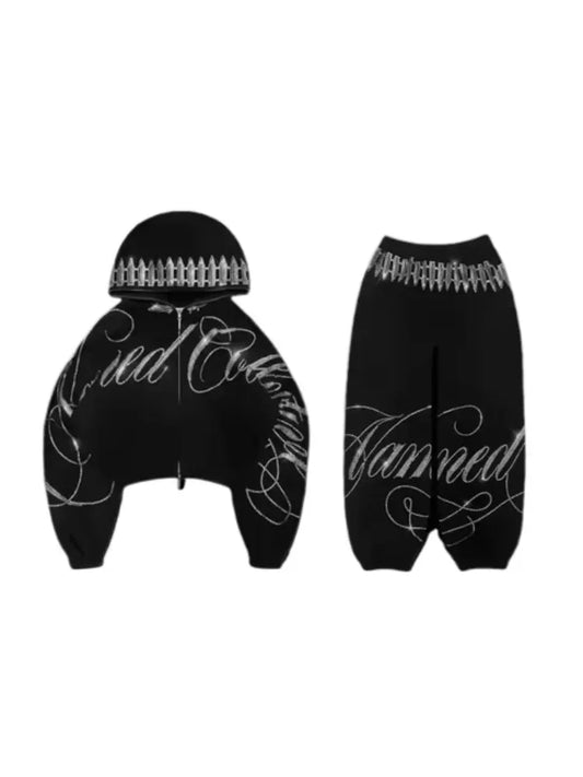 Y2K Streetwear Letters Rhinestone Sequin Hoodie Sweatpants Two Piece Set Sweatpants Women Oversized Sweatshirt Casual Pants Set
