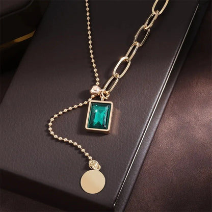 Trendy Square Stainless Steel Green Zirconia Pendant Necklaces For Women Girls Gold Color Metal Round Drop Jewelry Birthday Badiee Stylez