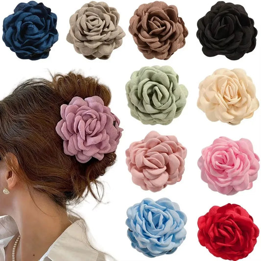 16 Colors Sweat Medium Size Cotton Fabric Rose Flower Hair Claw Clips for Women Korean Ctach Shark Clamp Hair Accessories 2024 Badiee Stylez