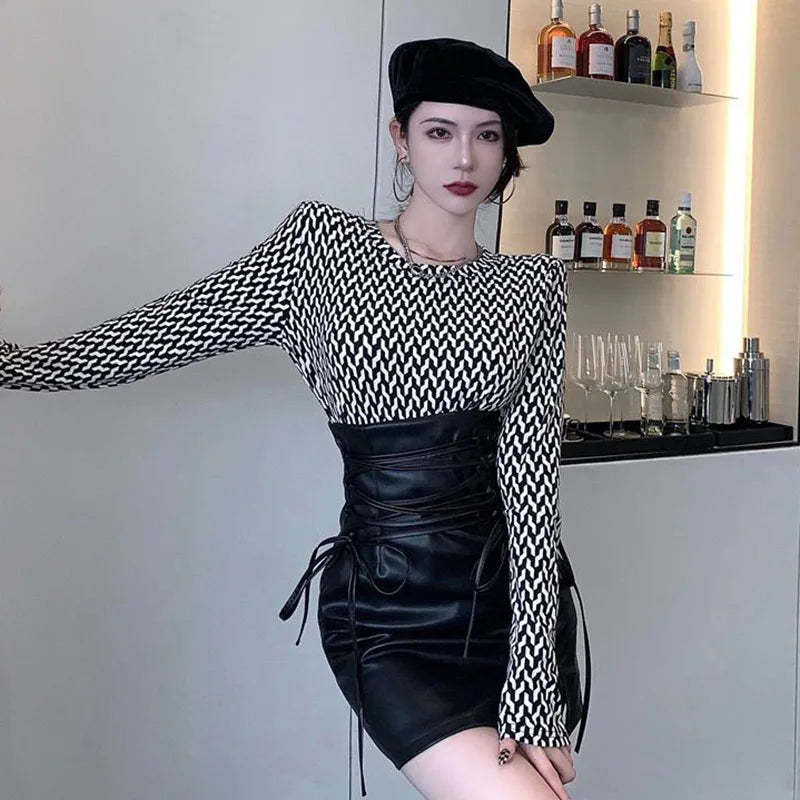 Black Leather Mini Skirts Women Gothic High Waist Slim Fit Lace Up Pencil Skirt Female Sexy Club Back Zipper Split Bag Hip Skirt