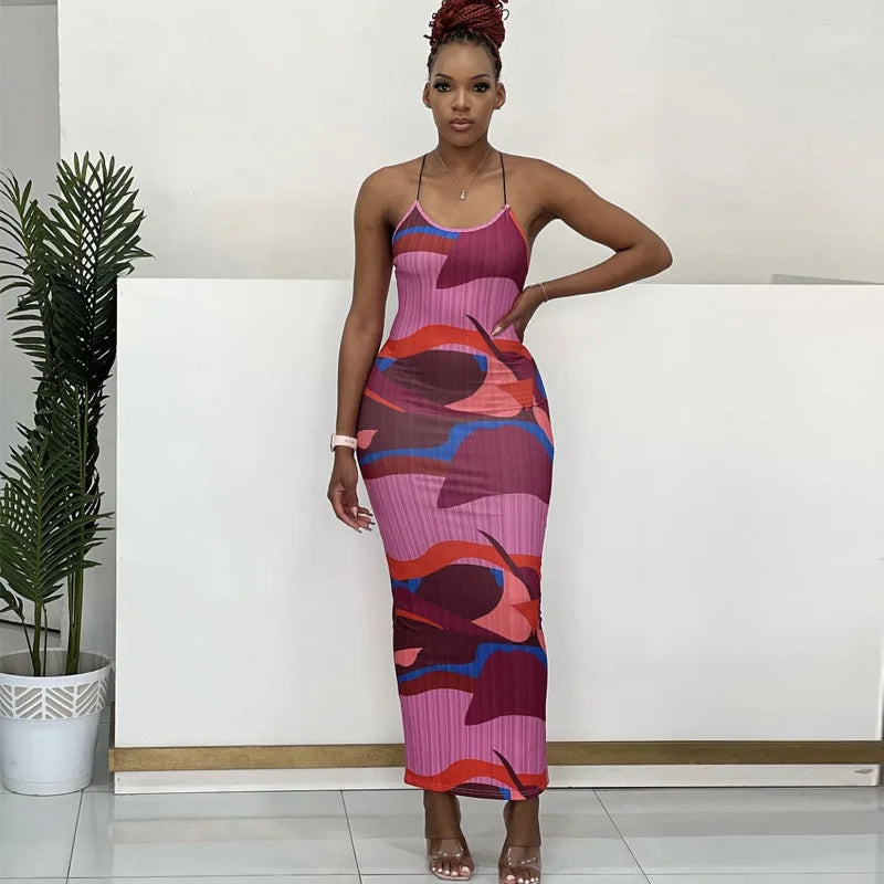Color Printed Spaghetti Strap Maxi Dresses For Women Sexy V-neck Slim Backless Folds Dress Fashion Evening Party Elegant Vestido